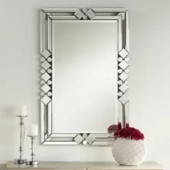 Possini Euro Design Clafia Rectangular Vanity Wall Mirror Modern Beveled Edge Clear Diamond Mirrored Frame 26" Wide For Bathroom Bedroom Living Room