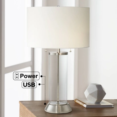 Possini Euro Design Fritz Modern Table Lamp 26 1/2" High Silver Clear Glass Column with USB and AC Power Outlet in Base Drum Shade for Bedroom Desk Possini Euro Design Fritz Modern Table Lamp 26 1/2" High Silver Clear Glass Column With USB And AC Power Outlet In Base Drum Shade For Bedroom Desk -Target Lighting Store GUEST 3572d96f cecd 4f10 b24b a0263e084503