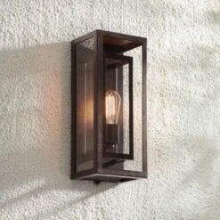 Possini Euro Design Modern Industrial Farmhouse Rustic Outdoor Wall Light Fixture Bronze 15 1/2" Clear Glass For Exterior Barn Deck House Porch Yard