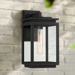 Possini Euro Design Atkins Modern Outdoor Wall Light Fixture Matte Black 14 1/4" Clear Glass For Post Exterior Barn Deck House Porch Yard Posts Patio