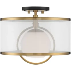 Possini Euro Design Carlyn Modern Art Deco Ceiling Light Semi Flush Mount Fixture 14" Wide Warm Brass Black Orb Organza Drum Shade For Bedroom Kitchen -Target Lighting Store GUEST b636f543 cf37 4ef9 b484 5f095e27f3ef