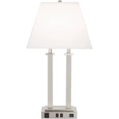 Possini Euro Design Amity Modern Table Lamp 26" High Brushed Nickel With USB And AC Power Outlet In Base White Linen Shade For Bedroom Bedside Desk -Target Lighting Store GUEST dafc328e ce07 460d a29e 39808d233350