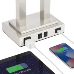 Possini Euro Design Amity Modern Table Lamp 26" High Brushed Nickel With USB And AC Power Outlet In Base White Linen Shade For Bedroom Bedside Desk -Target Lighting Store GUEST faab9f00 a01b 4be2 963c a37ffcd0f7f1